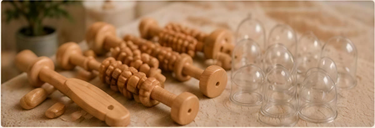 Houten Madero-massagetools en cuppingglazen voor de Body Contour behandeling