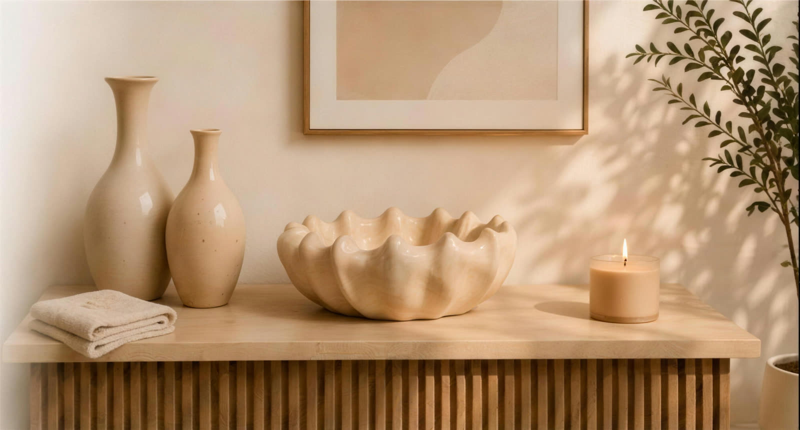 Houten kast met keramieken vazen, schaal en brandende kaars bij Femme Holistic