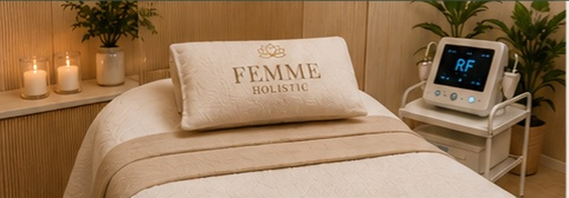 Behandelbed met Femme Holistic-kussen en radiofrequentieapparatuur