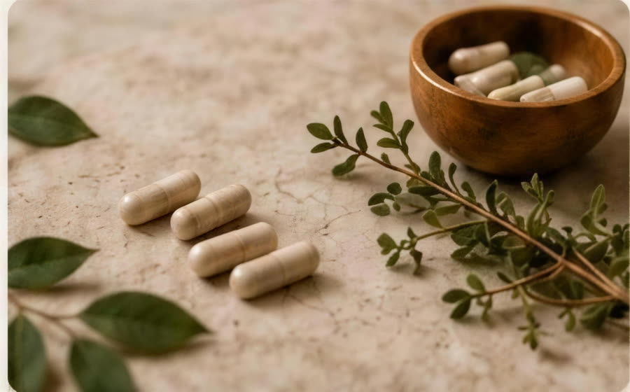 Supplementcapsules en kruiden voor een orthomoleculair traject
