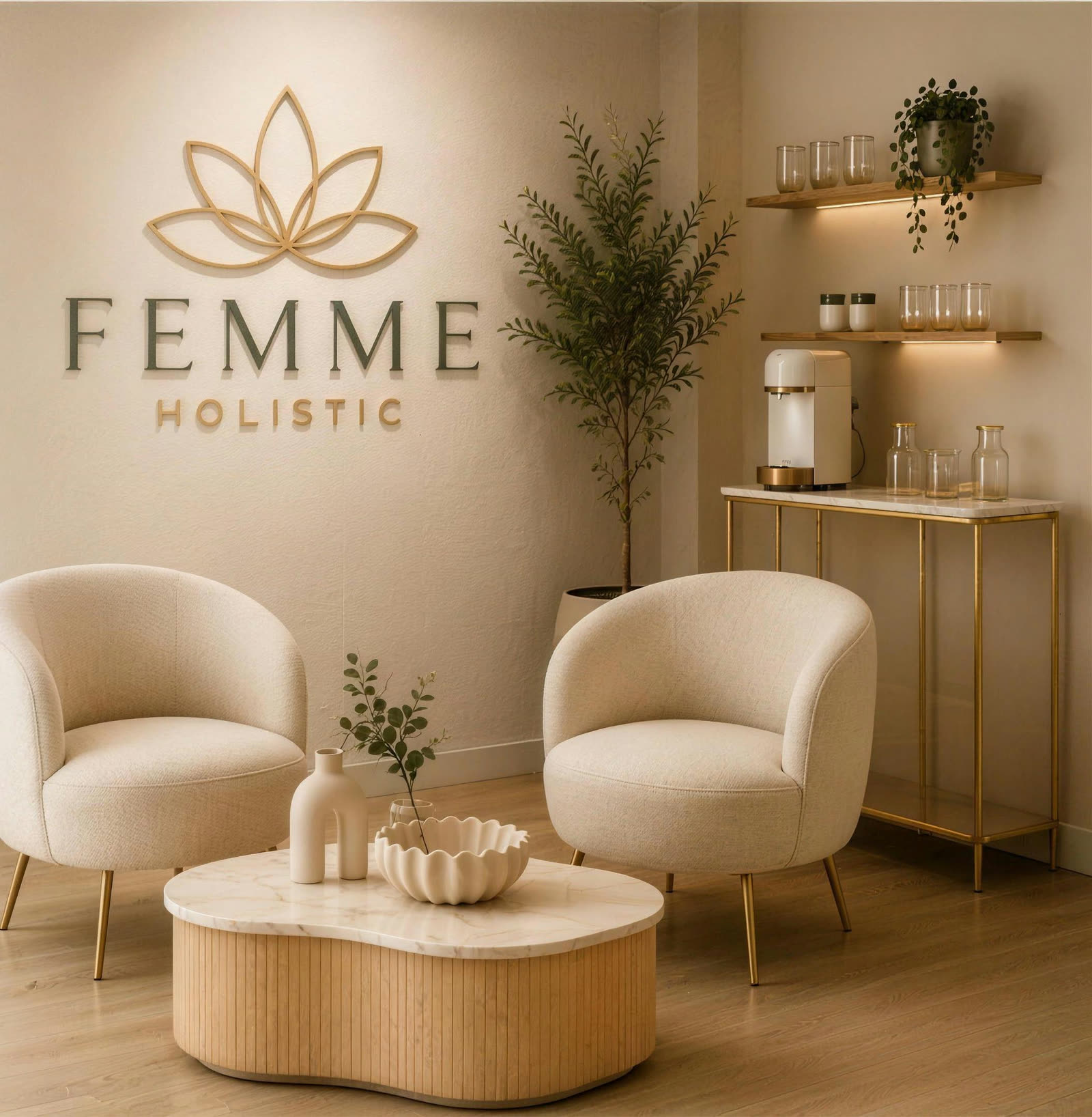 Wachtruimte van Femme Holistic met twee crèmekleurige bouclé fauteuils en het lotuslogo aan de wand
