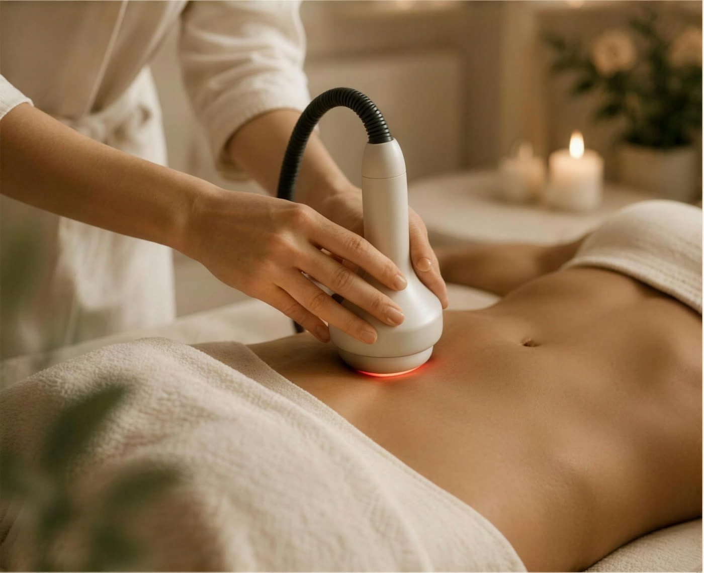 Bodybehandeling met handapparatuur in de behandelkamer van Femme Holistic
